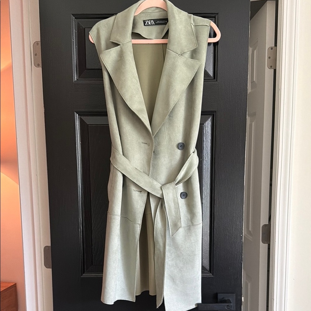 ZARA Sleeveless Belted Trench Vest in Sage Green